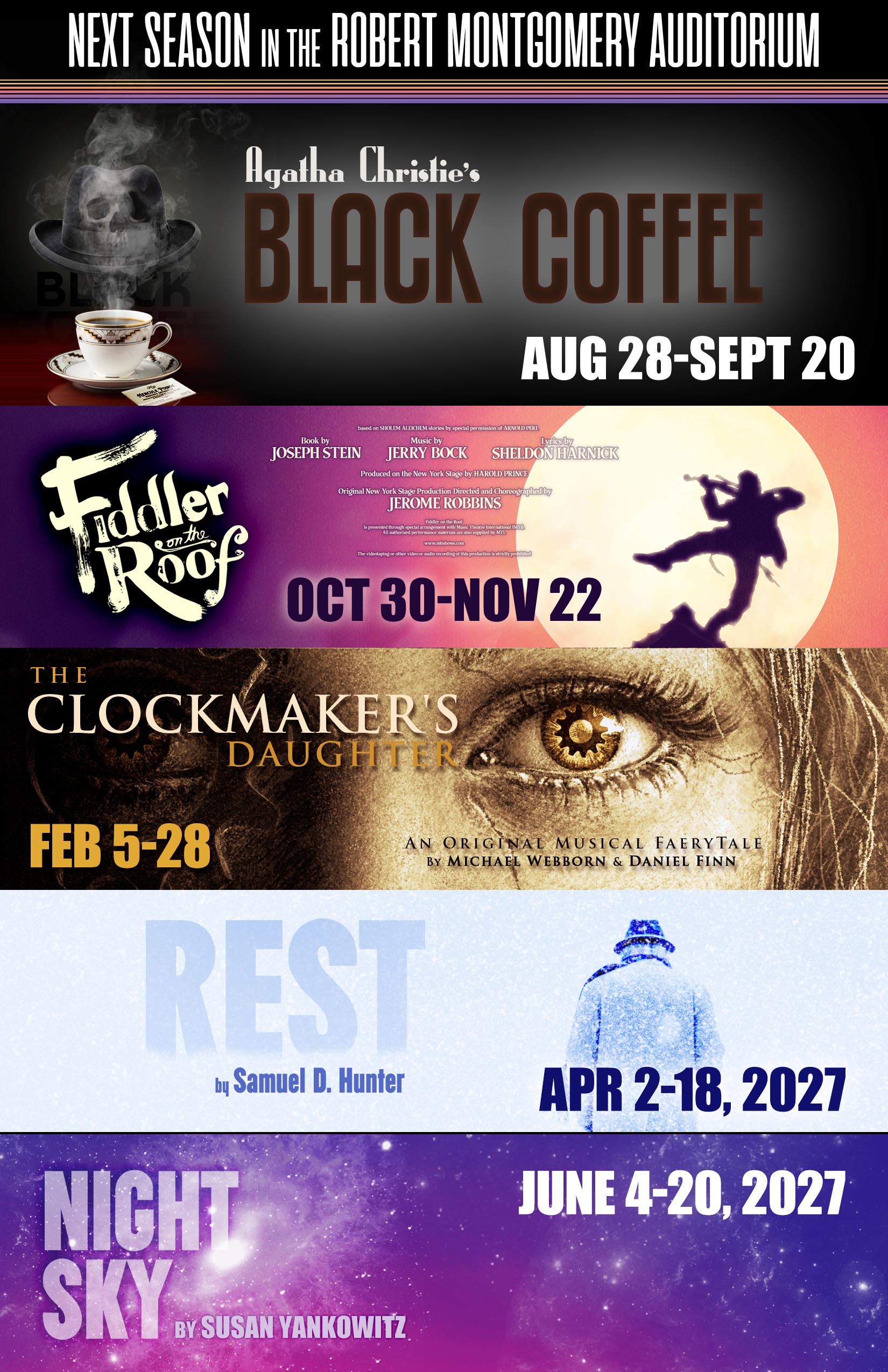 2026-2027 Season Announcement of shows on the main stage in the Robert Montgomery Auditorium